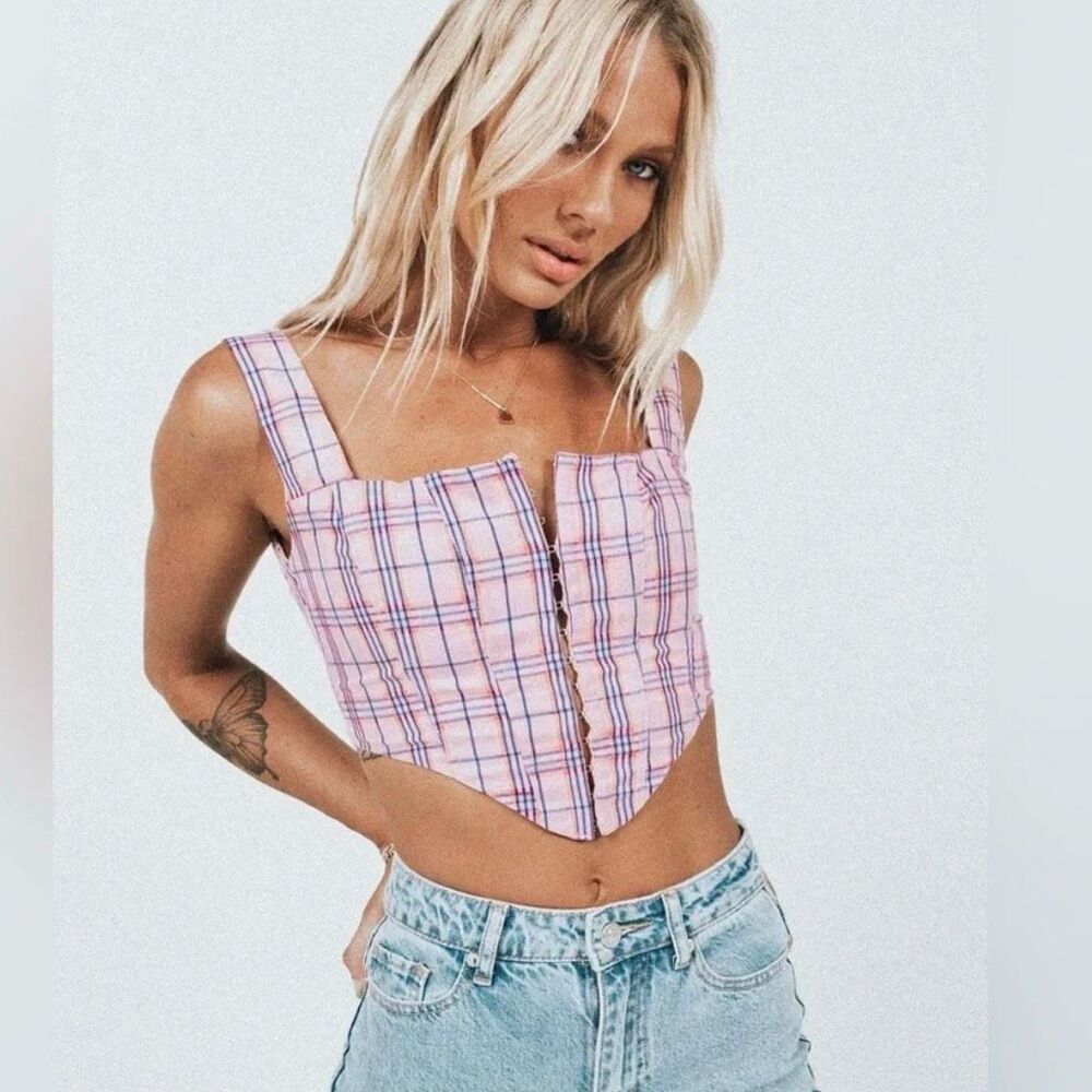 Princess Polly Day Dreaming Pink Checkered Corset Tank 6 Women